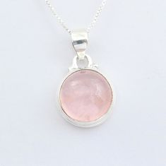 925 silver 9.78cts natural pink rose quartz round 18' chain pendant u56793