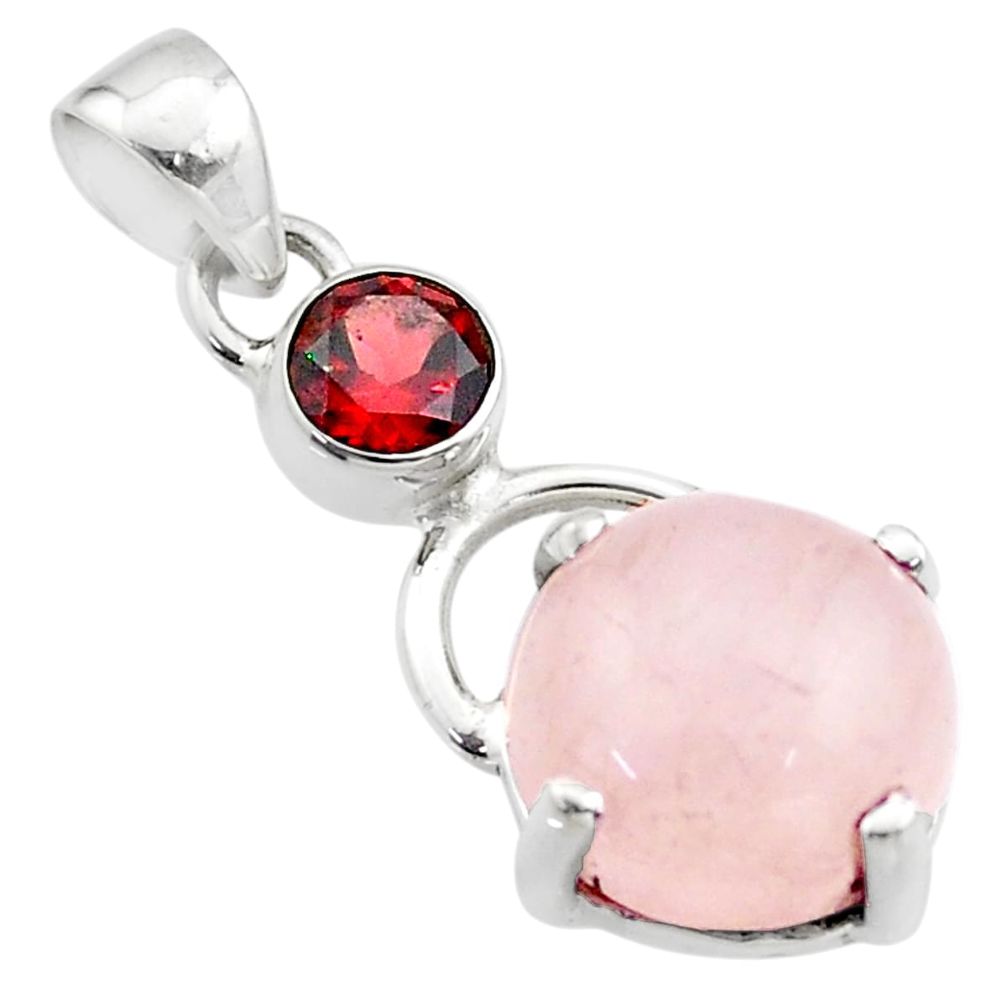 925 silver 12.22cts natural pink rose quartz round red garnet pendant t64284