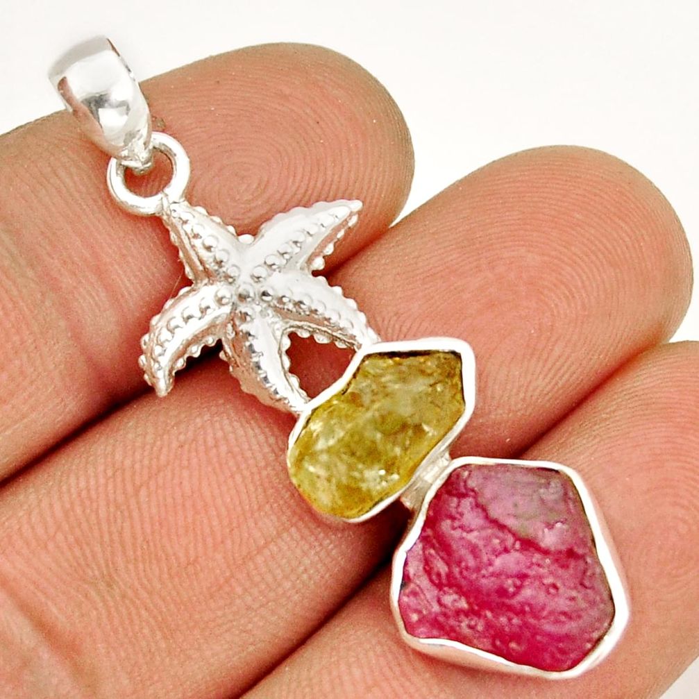 925 silver 11.26cts natural pink ruby aquamarine rough star fish pendant y2663