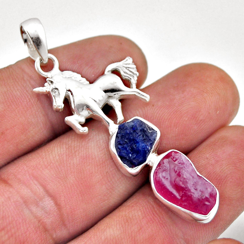 925 silver 9.22cts natural pink ruby sapphire rough horse pendant jewelry n46273