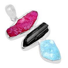 925 silver 20.35cts natural pink ruby tourmaline aquamarine rough pendant y6080