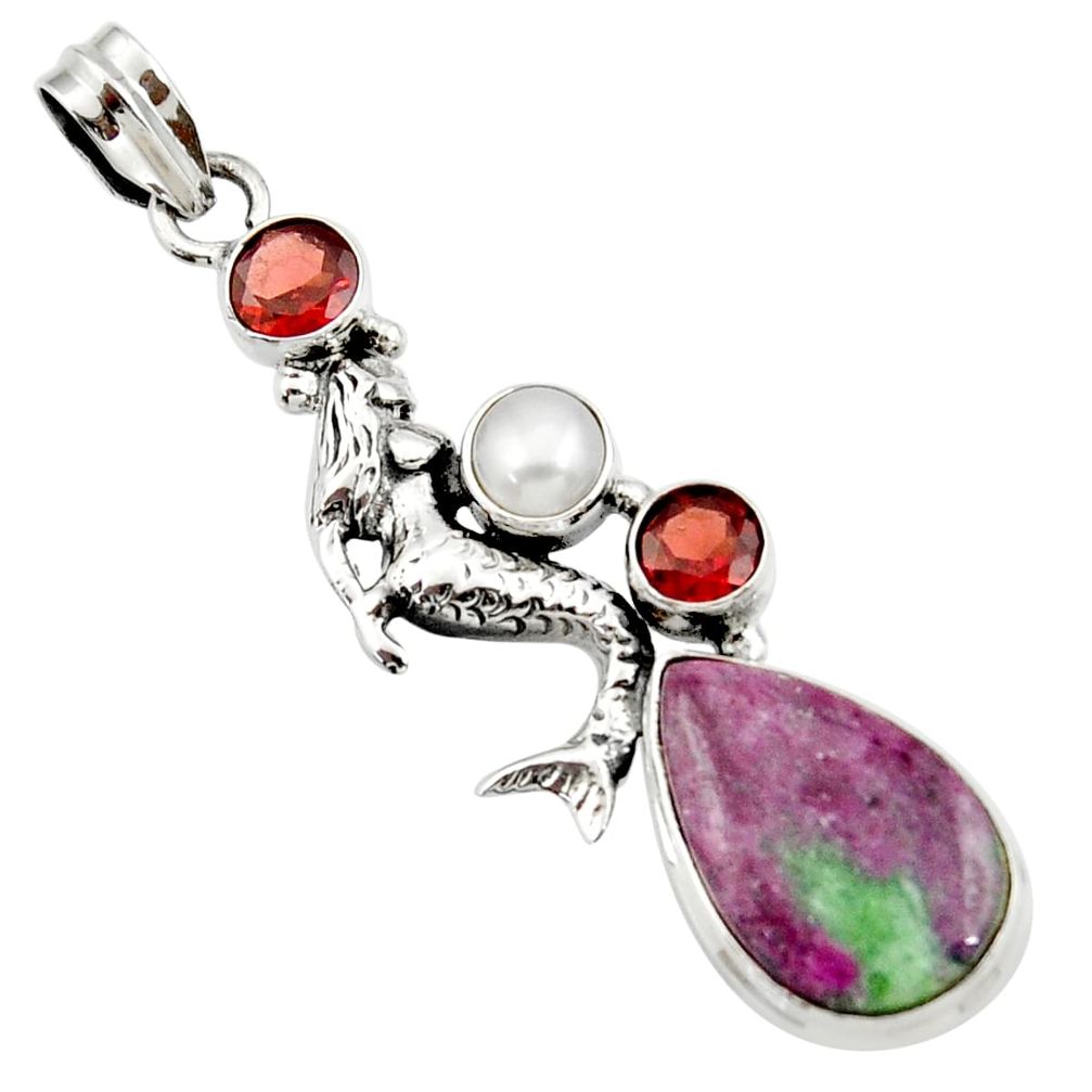 925 silver 14.22cts natural pink ruby zoisite pearl fairy mermaid pendant d43189