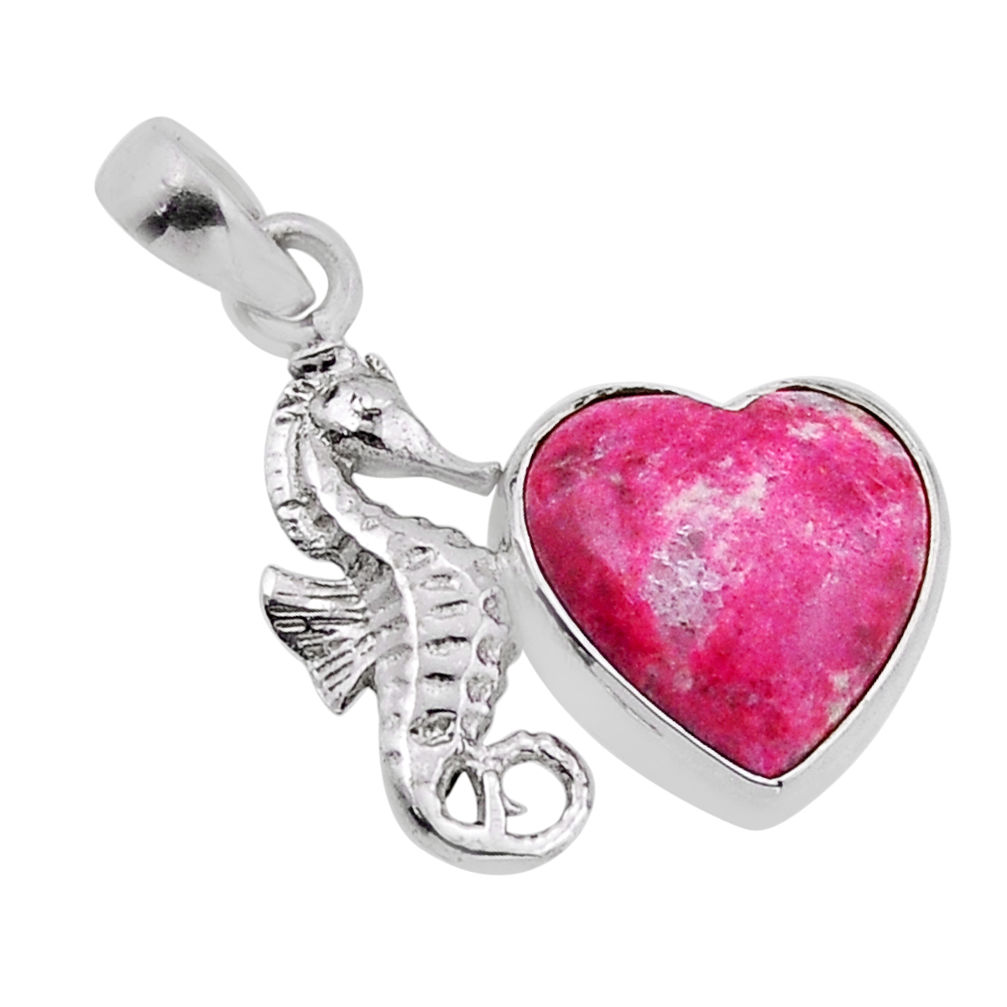925 silver 6.35cts natural pink thulite heart shape gold seahorse pendant n51714