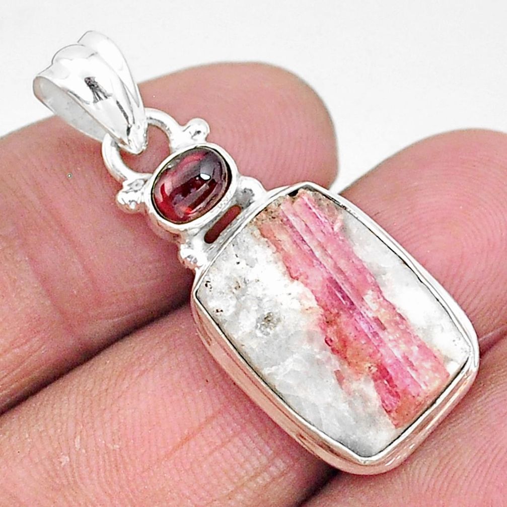 925 silver 11.23cts natural pink tourmaline in quartz garnet pendant t5833