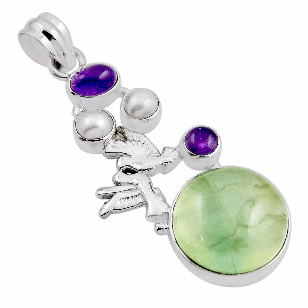 925 silver 20.69cts natural prehnite amethyst pearl love birds pendant n24847