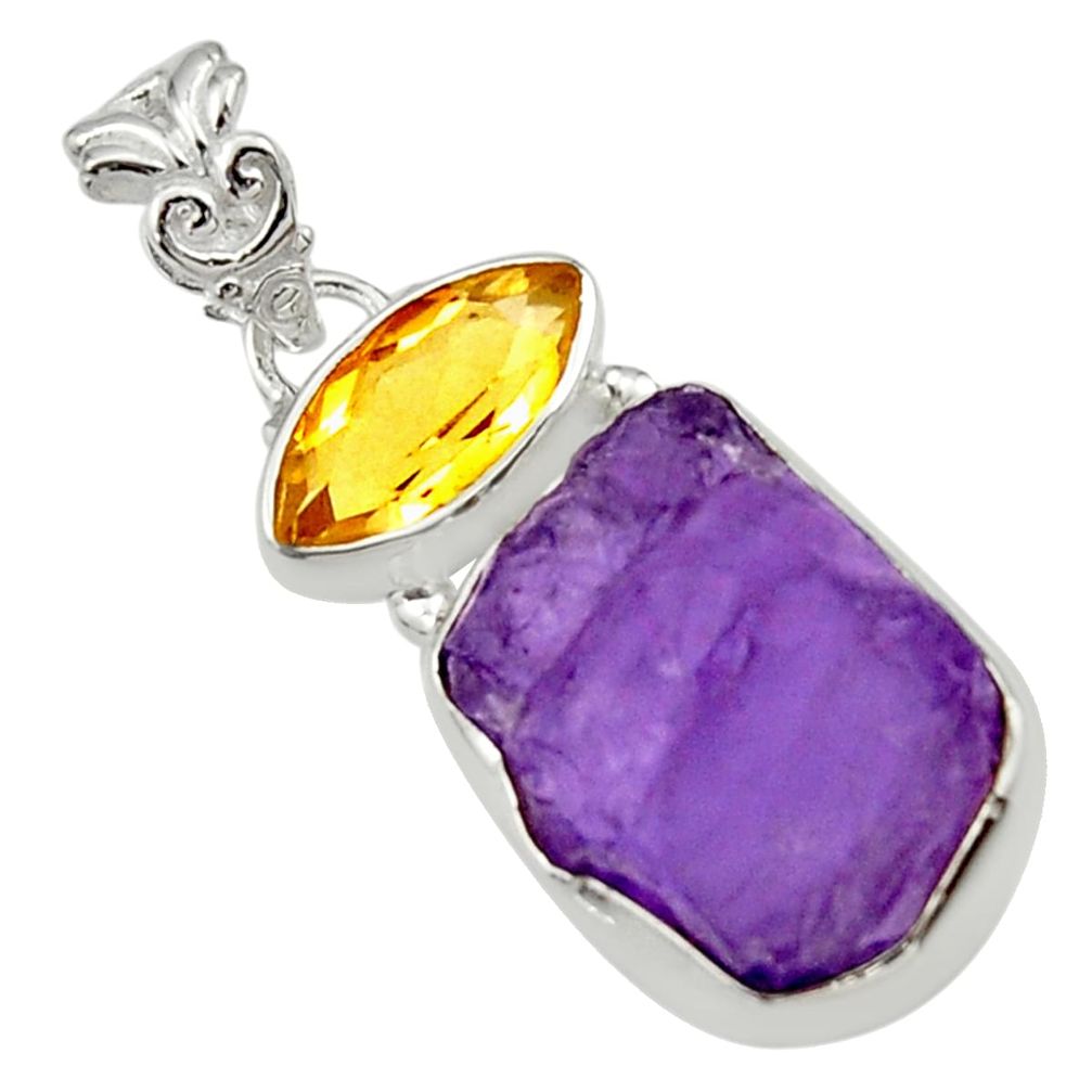 925 silver 16.20cts natural purple amethyst rough yellow citrine pendant r29794