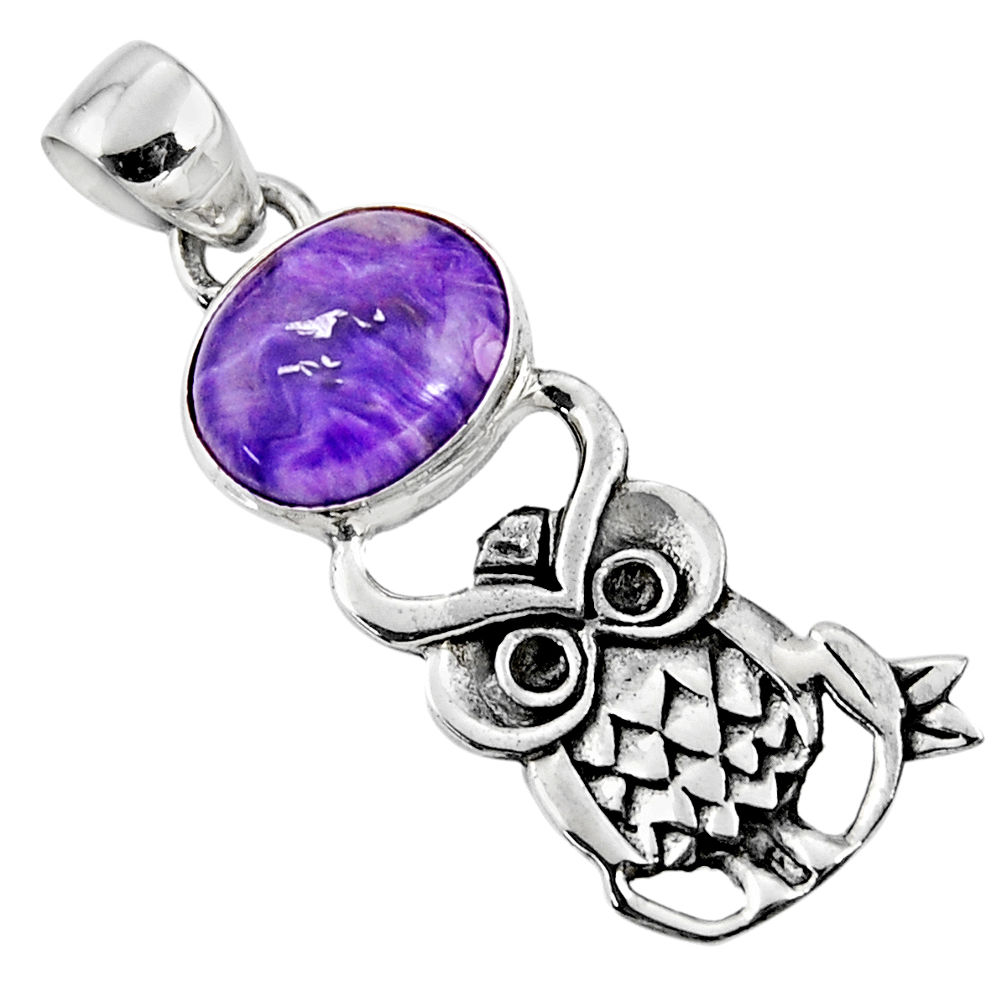 925 silver 5.11cts natural purple charoite (siberian) oval owl pendant r52904