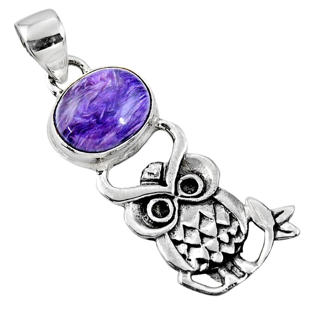 925 silver 5.11cts natural purple charoite (siberian) oval owl pendant r52935