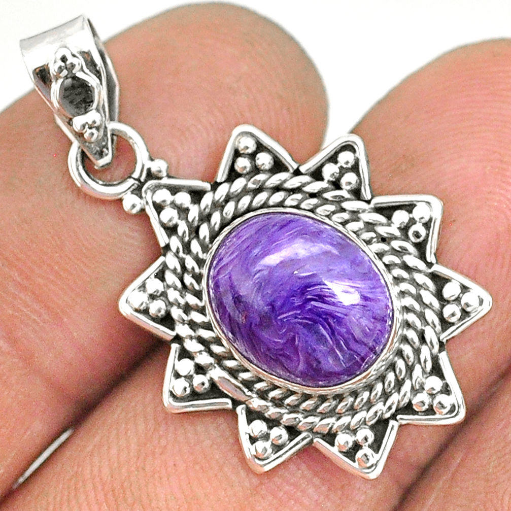 925 silver 4.75cts natural purple charoite (siberian) oval shape pendant r85130