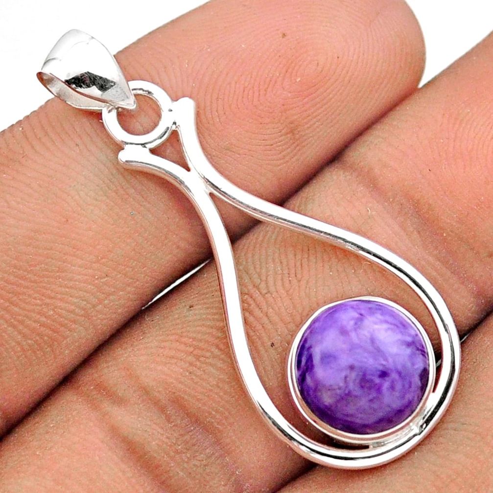 925 silver 4.79cts natural purple charoite (siberian) round geometric pendant u13936