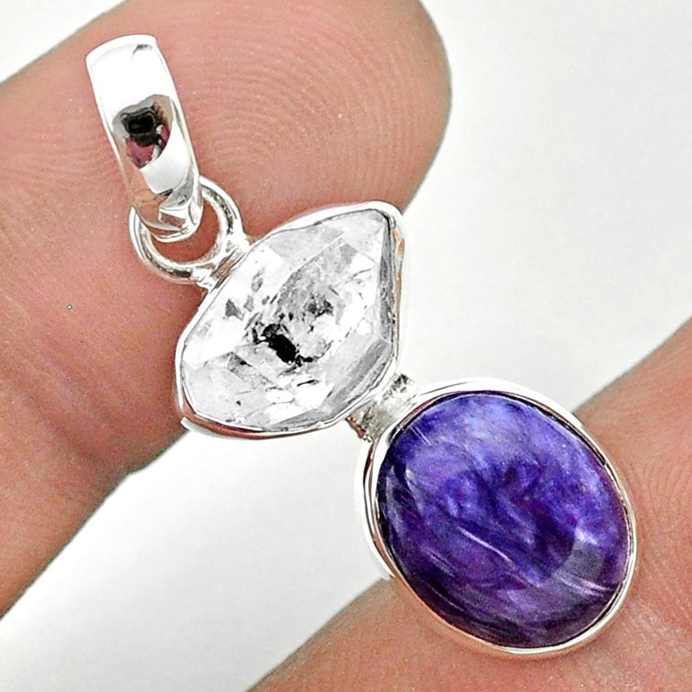 925 silver 8.56cts natural purple charoite herkimer diamond pendant t49144