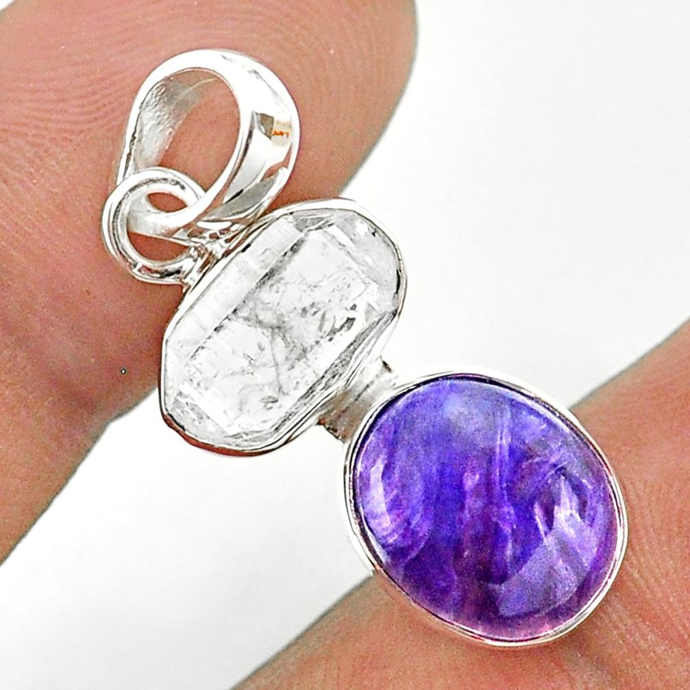 925 silver 8.87cts natural purple charoite herkimer diamond pendant t49156