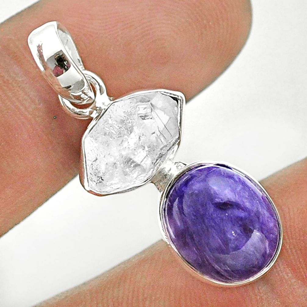 925 silver 9.39cts natural purple charoite herkimer diamond pendant t49158