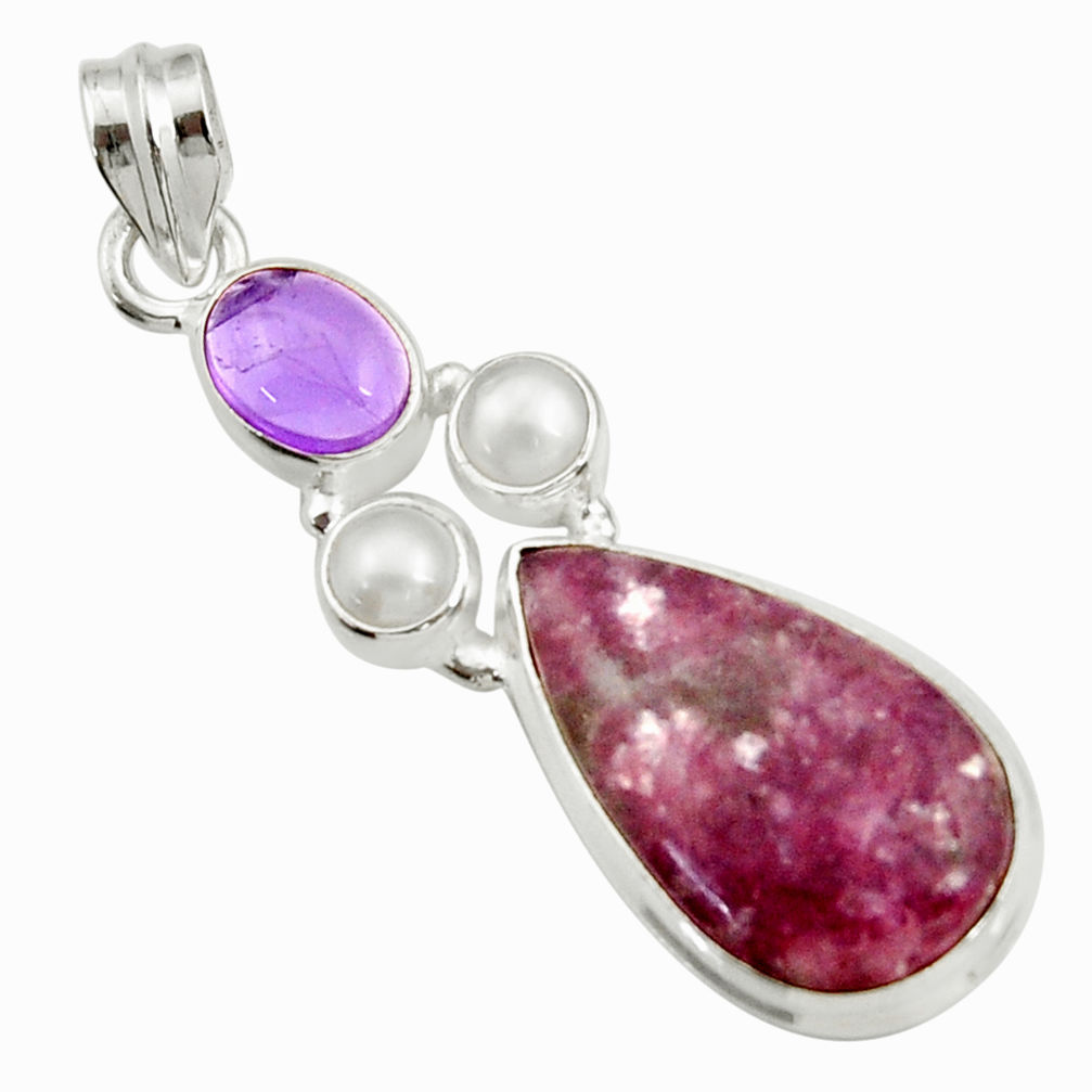 925 silver 16.24cts natural purple lepidolite pear amethyst pearl pendant d42875