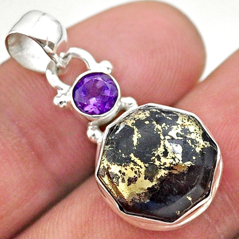 925 silver 6.61cts natural pyrite in magnetite purple hexagon pendant t46493