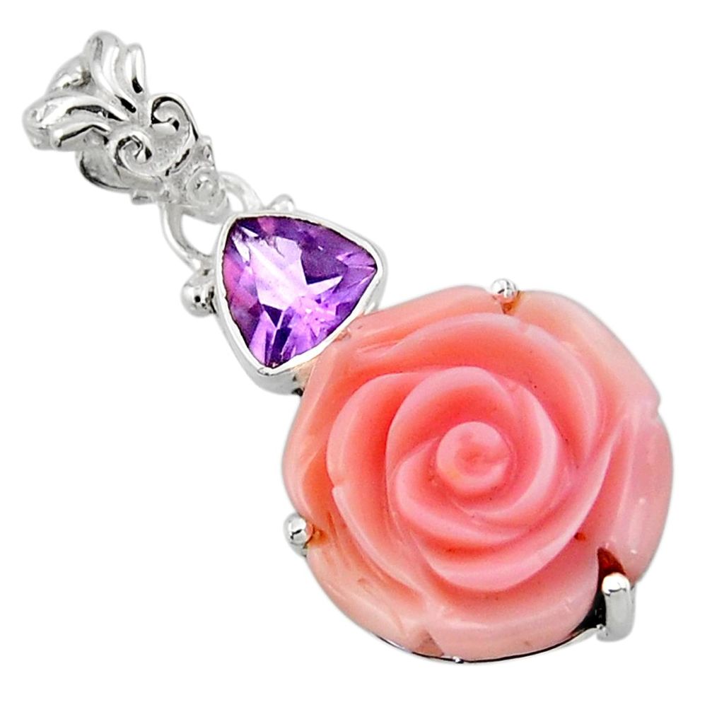 925 silver 15.68cts natural queen conch shell flower amethyst pendant r48824