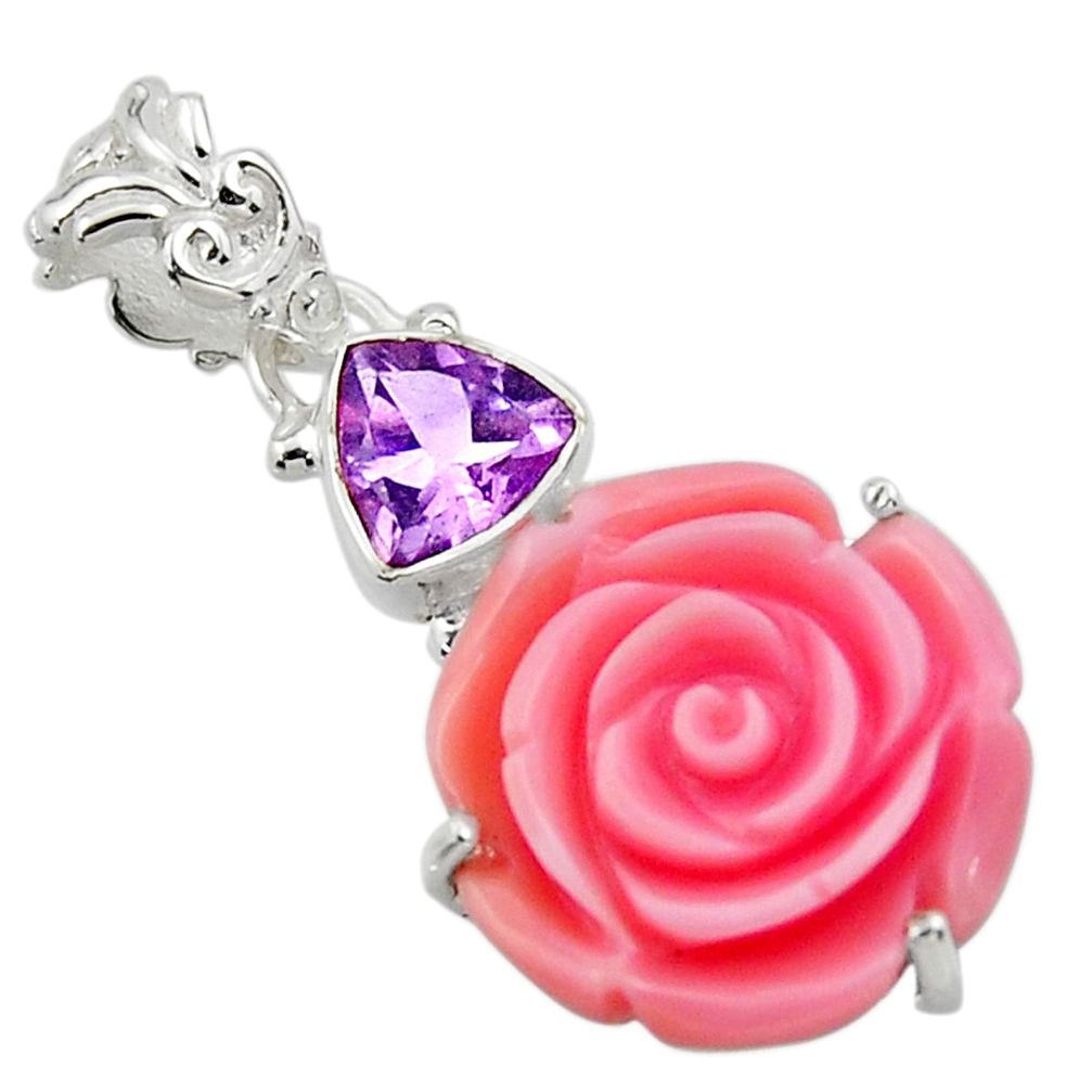 925 silver 15.68cts natural queen conch shell flower amethyst pendant r48828