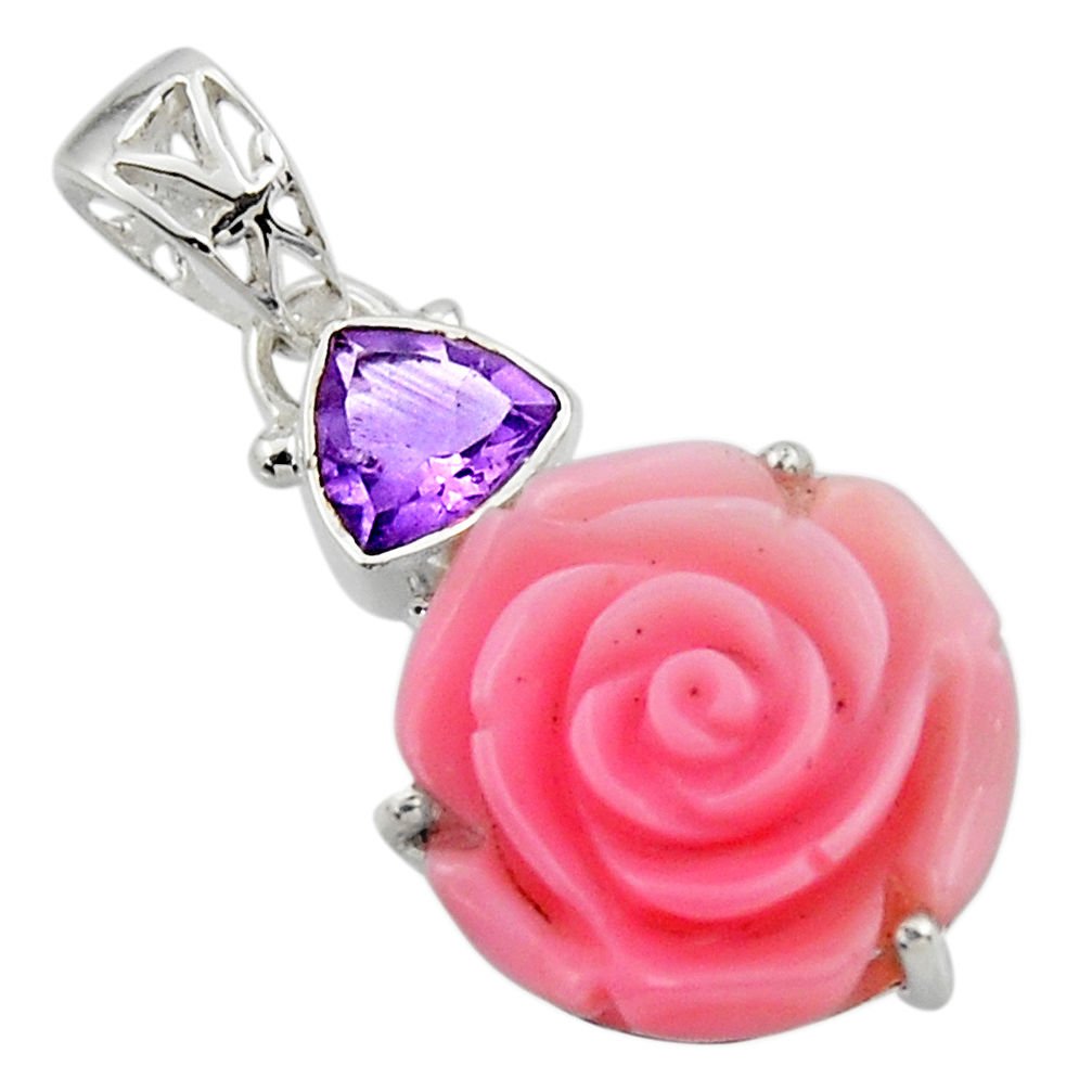 925 silver 15.68cts natural queen conch shell flower amethyst pendant r48831