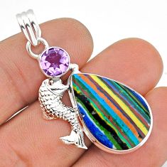 925 silver 15.96cts natural rainbow calsilica amethyst fish pendant u86796
