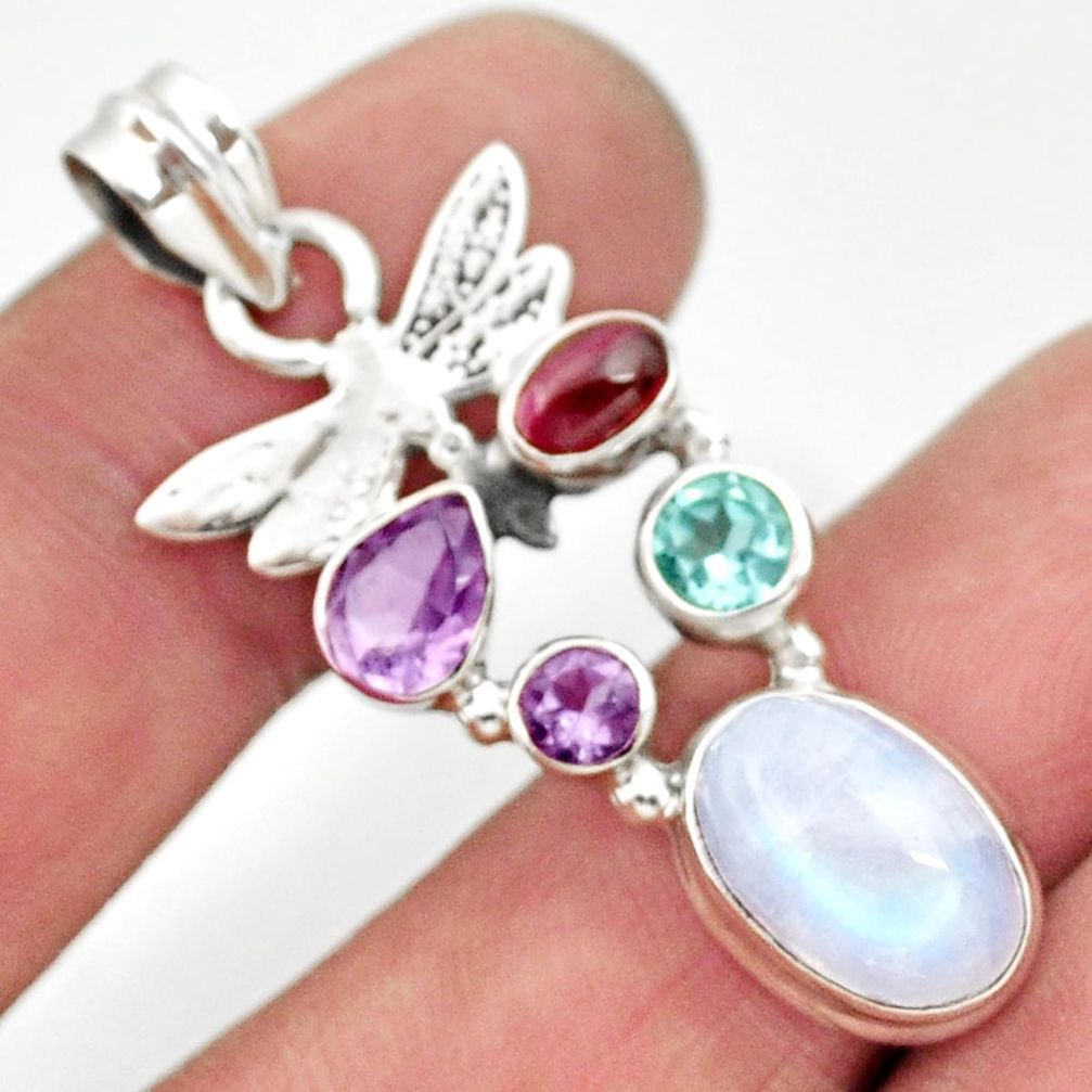925 silver 10.37cts natural rainbow moonstone amethyst dragonfly pendant d43304