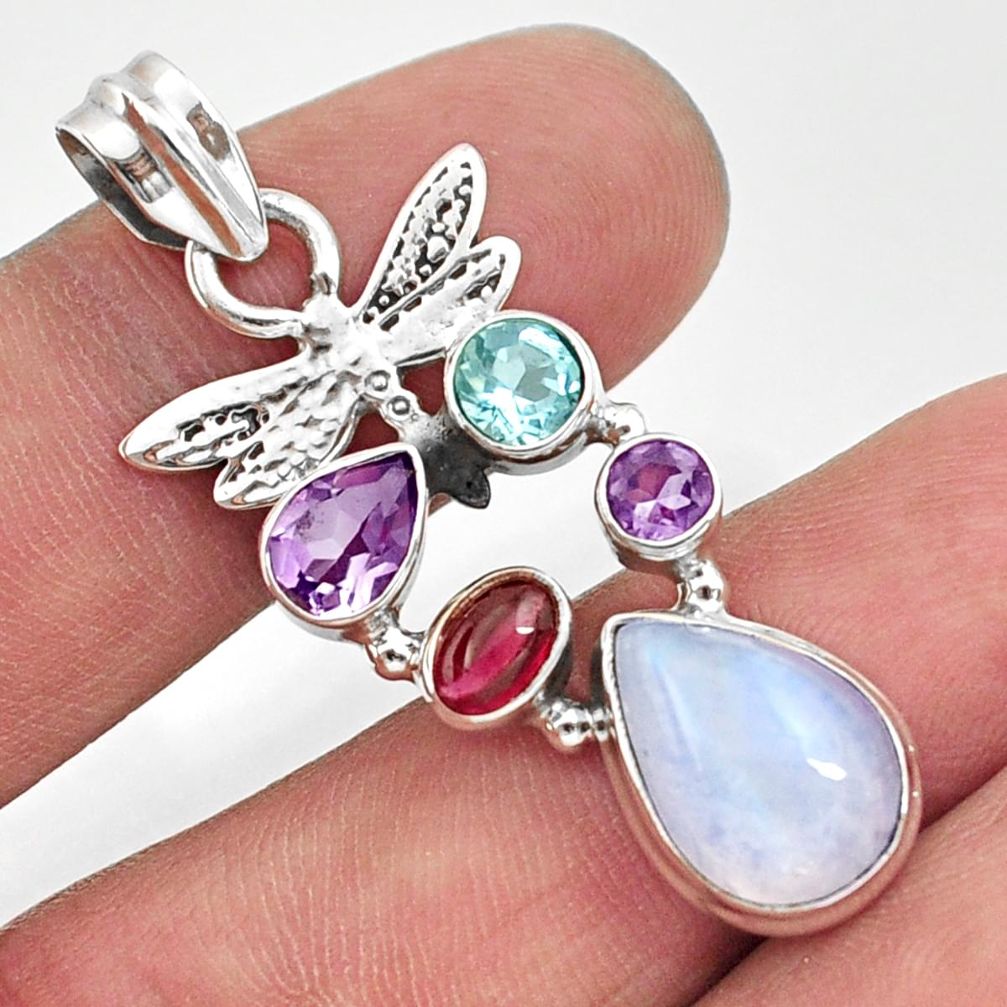 925 silver 9.39cts natural rainbow moonstone amethyst dragonfly pendant d43411
