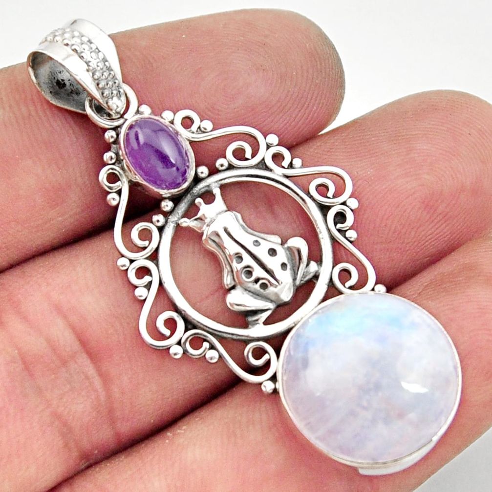 925 silver 15.47cts natural rainbow moonstone amethyst frog pendant d43315