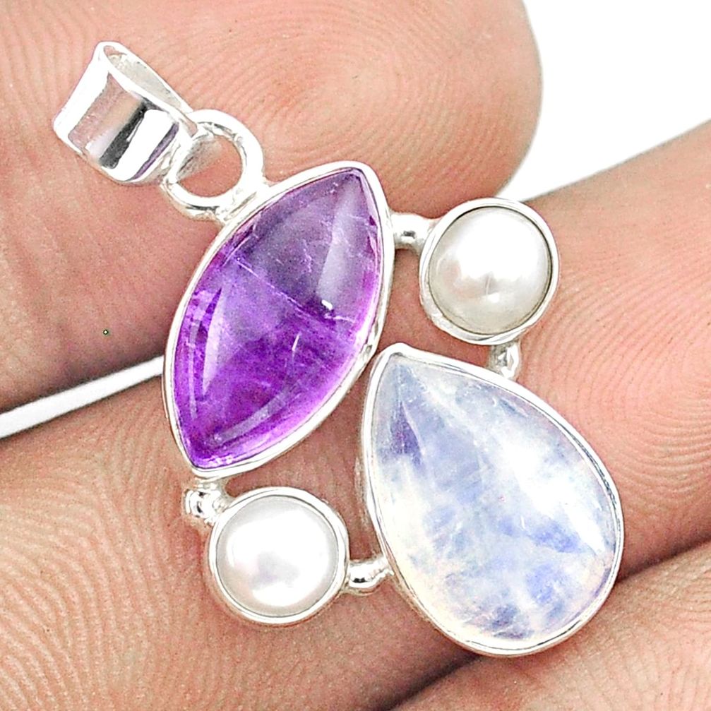 925 silver 8.93cts natural rainbow moonstone amethyst pearl pendant u32019