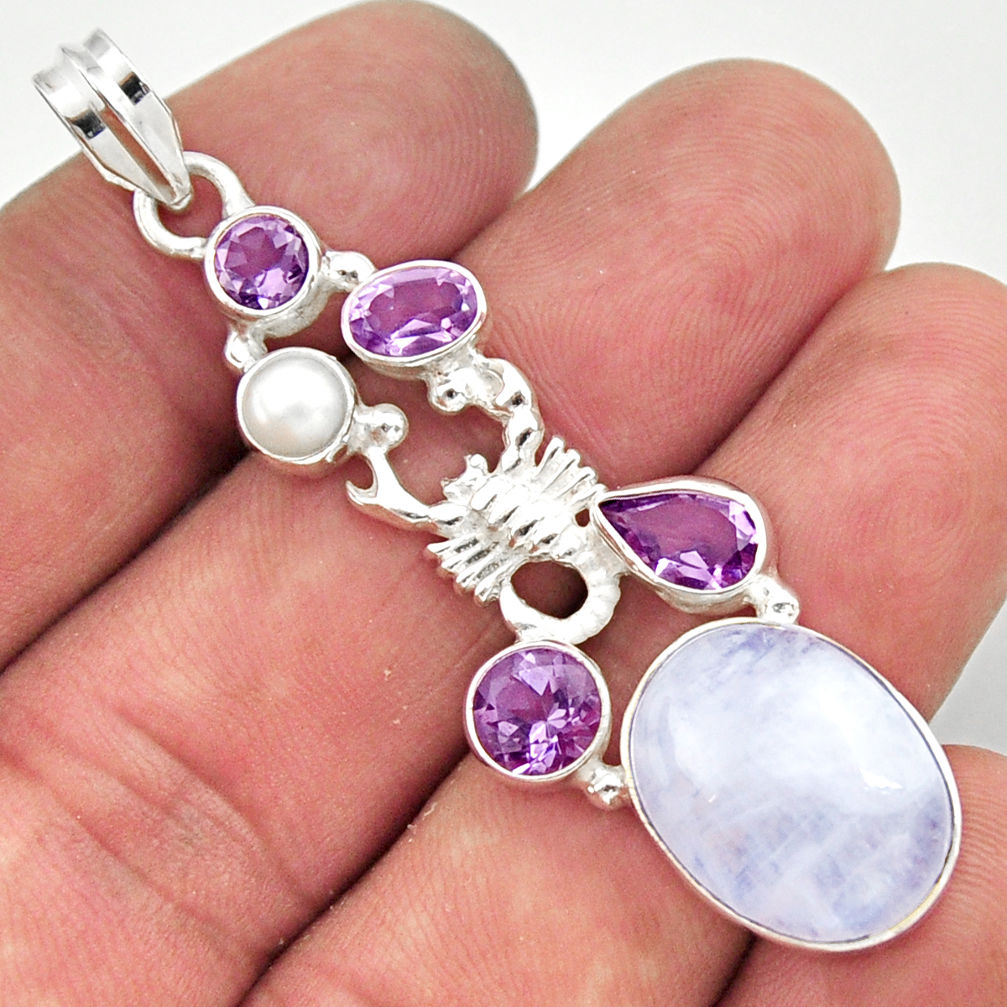 925 silver 17.36cts natural rainbow moonstone amethyst scorpion pendant d43289