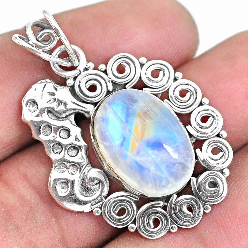 925 silver 11.54cts natural rainbow moonstone oval shape seahorse pendant p59800