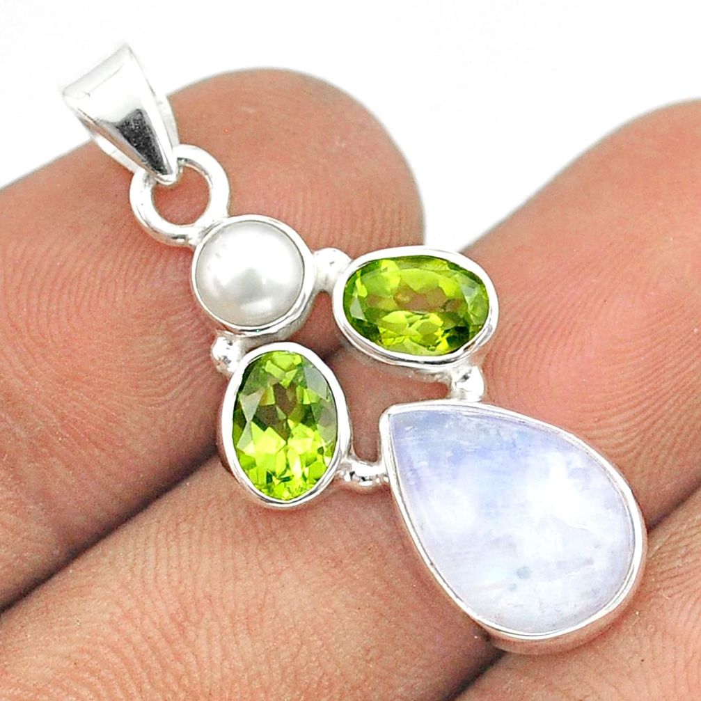 925 silver 7.04cts natural rainbow moonstone peridot pearl pendant u31859