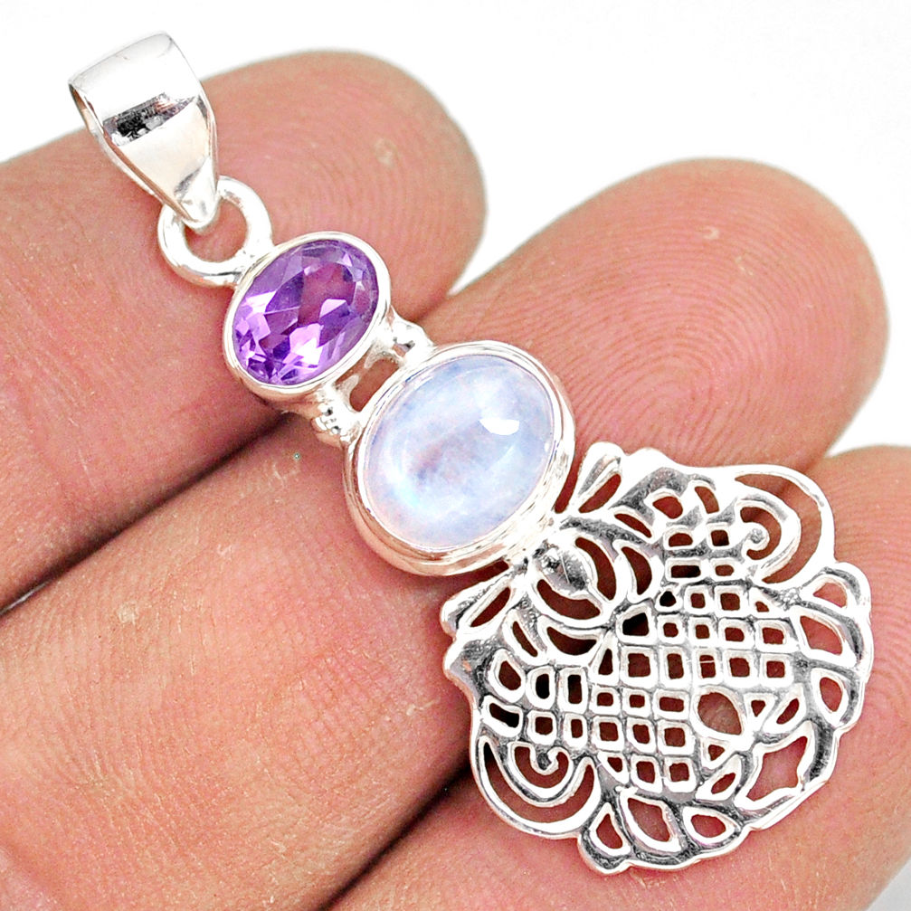 925 silver 4.74cts natural rainbow moonstone purple amethyst pendant r81377