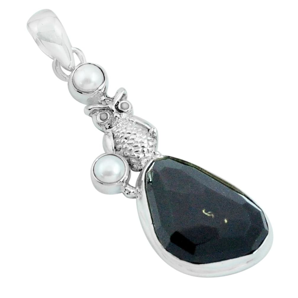 925 silver 17.69cts natural rainbow obsidian eye pearl owl pendant p69629