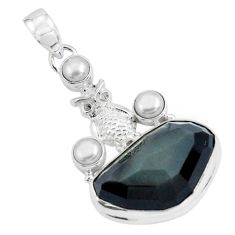 925 silver 20.45cts natural rainbow obsidian eye white pearl owl pendant p69606