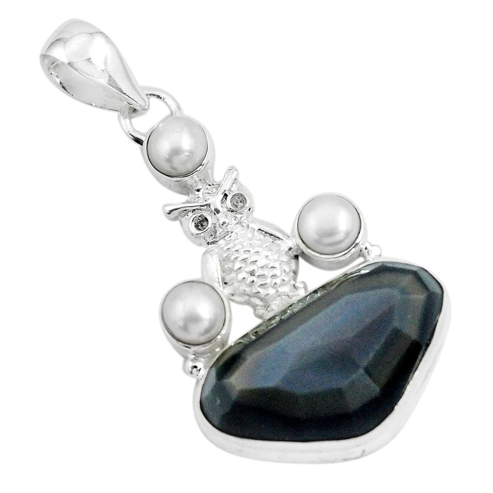 cts natural rainbow obsidian eye white pearl owl pendant p69620