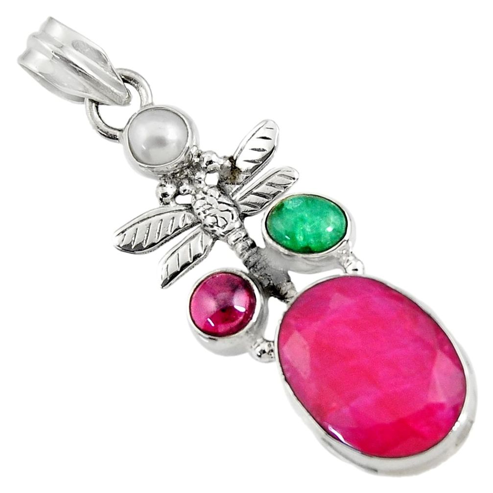 925 silver 12.65cts natural red ruby emerald pearl dragonfly pendant d43695