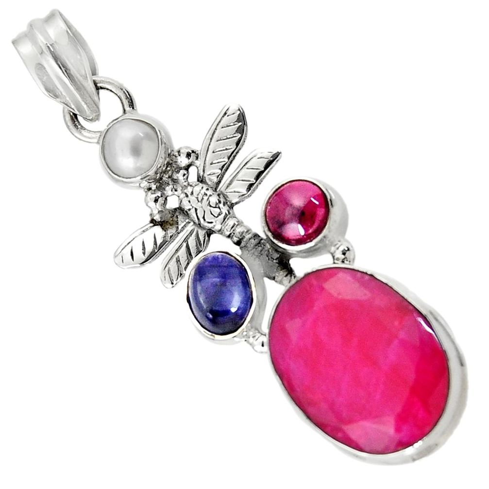 925 silver 13.07cts natural red ruby lapis lazuli pearl dragonfly pendant d43689