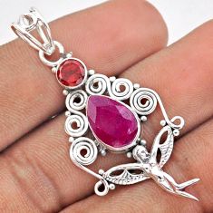 925 silver 5.79cts natural red ruby pear garnet angel wings fairy pendant u7069