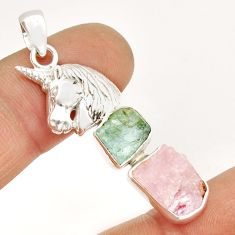 925 silver 10.01cts natural rose quartz aquamarine rough horse pendant y2667