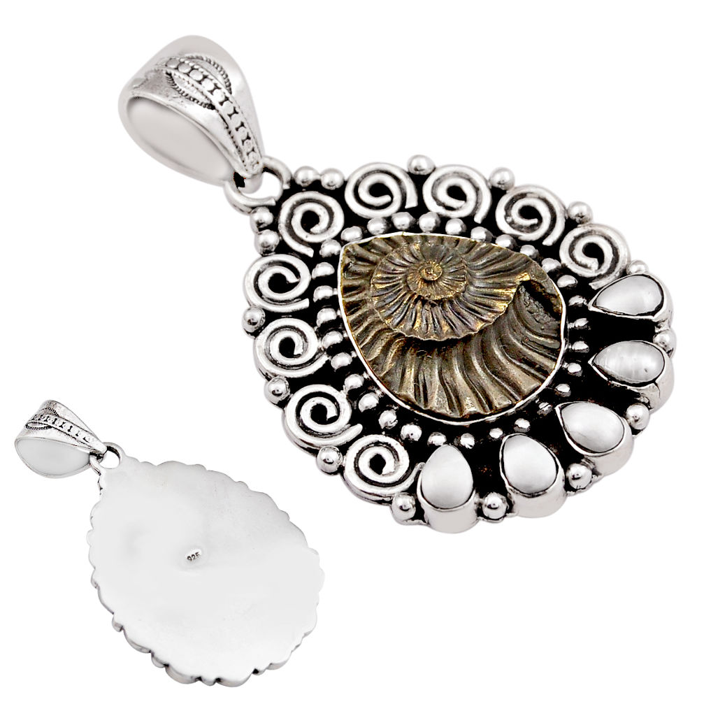 925 silver 20.71cts natural russian jurassic opal ammonite pearl pendant c30694