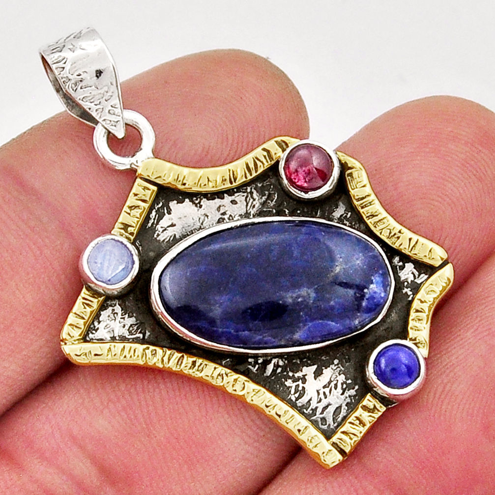 925 silver 10.99cts natural sodalite moonstone lapis garnet gold pendant y21738