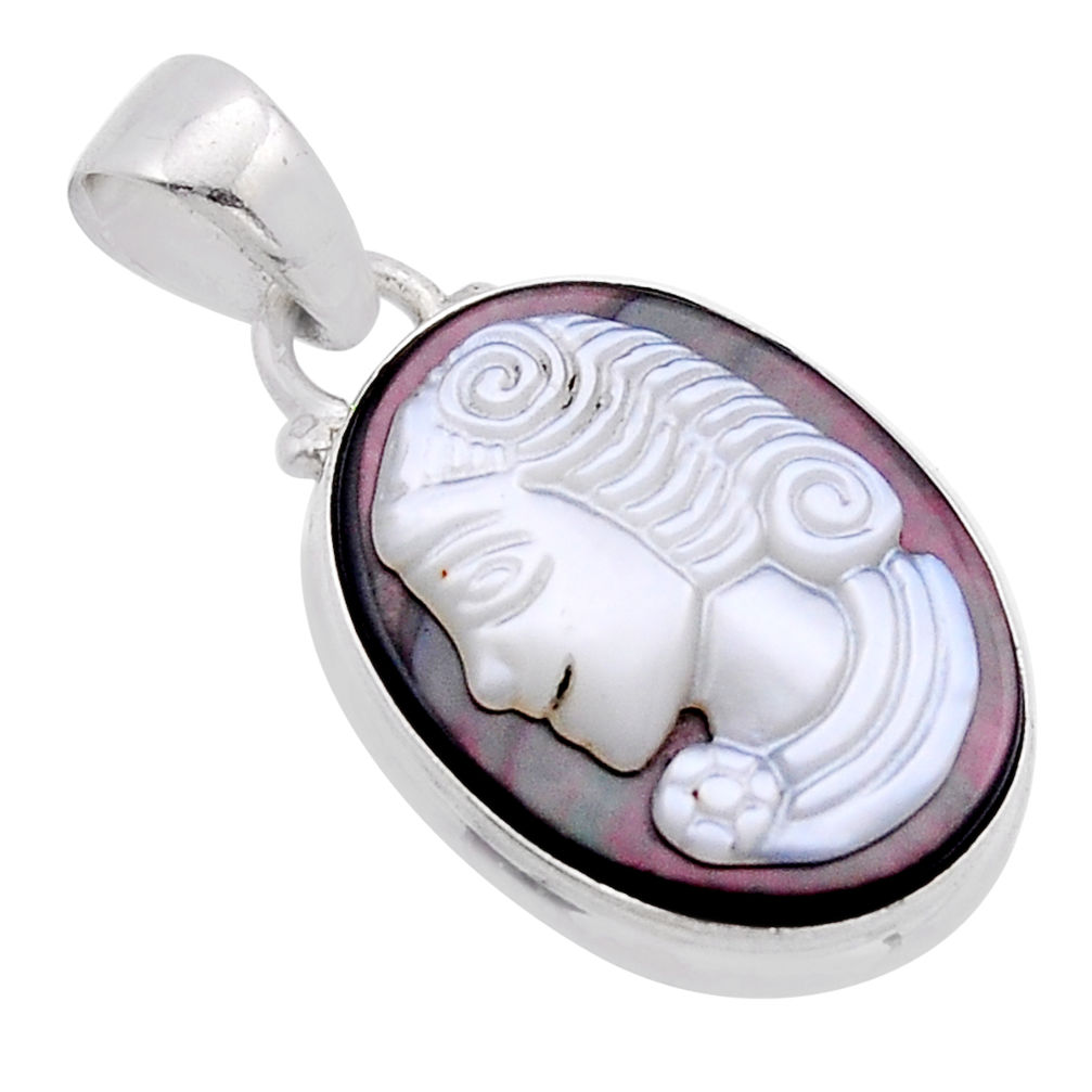 925 silver 9.82cts natural titanium cameo on shell lady face oval pendant n51513