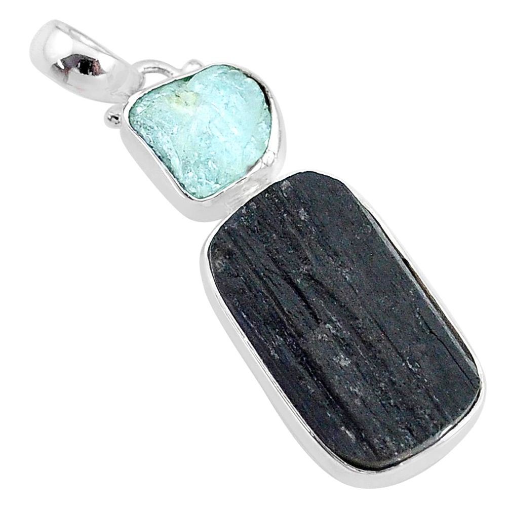 925 silver 14.12cts natural tourmaline raw aquamarine rough pendant t9837