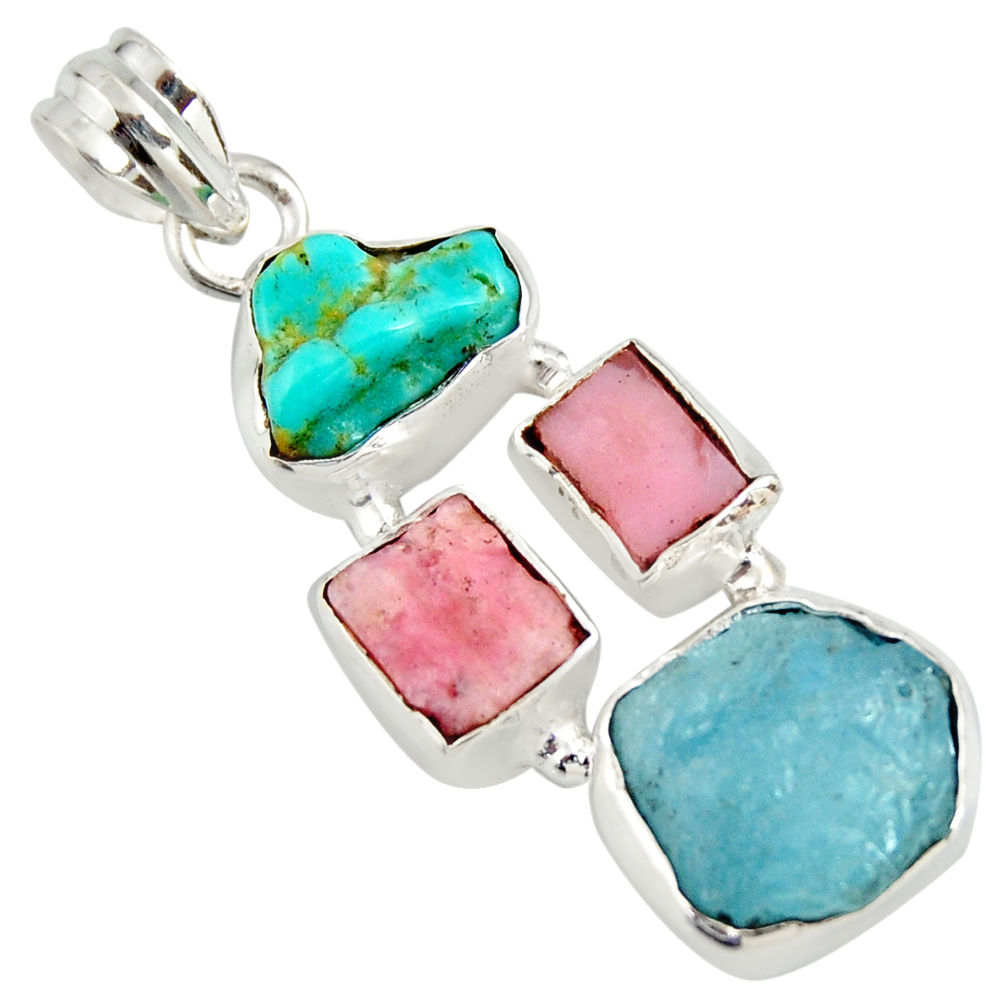 925 silver 15.00cts natural turquoise aquamarine rough pink opal pendant r26878