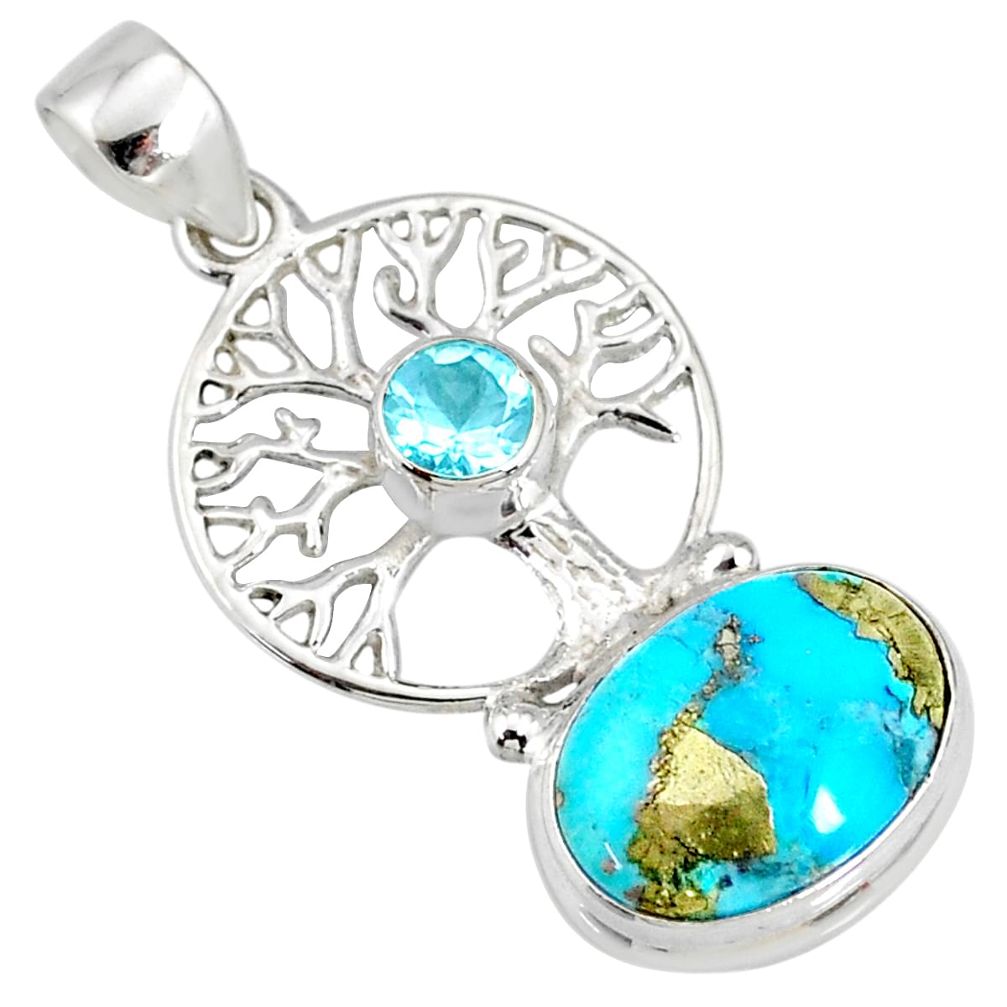 925 silver 6.36cts natural turquoise pyrite tree of life pendant r78095