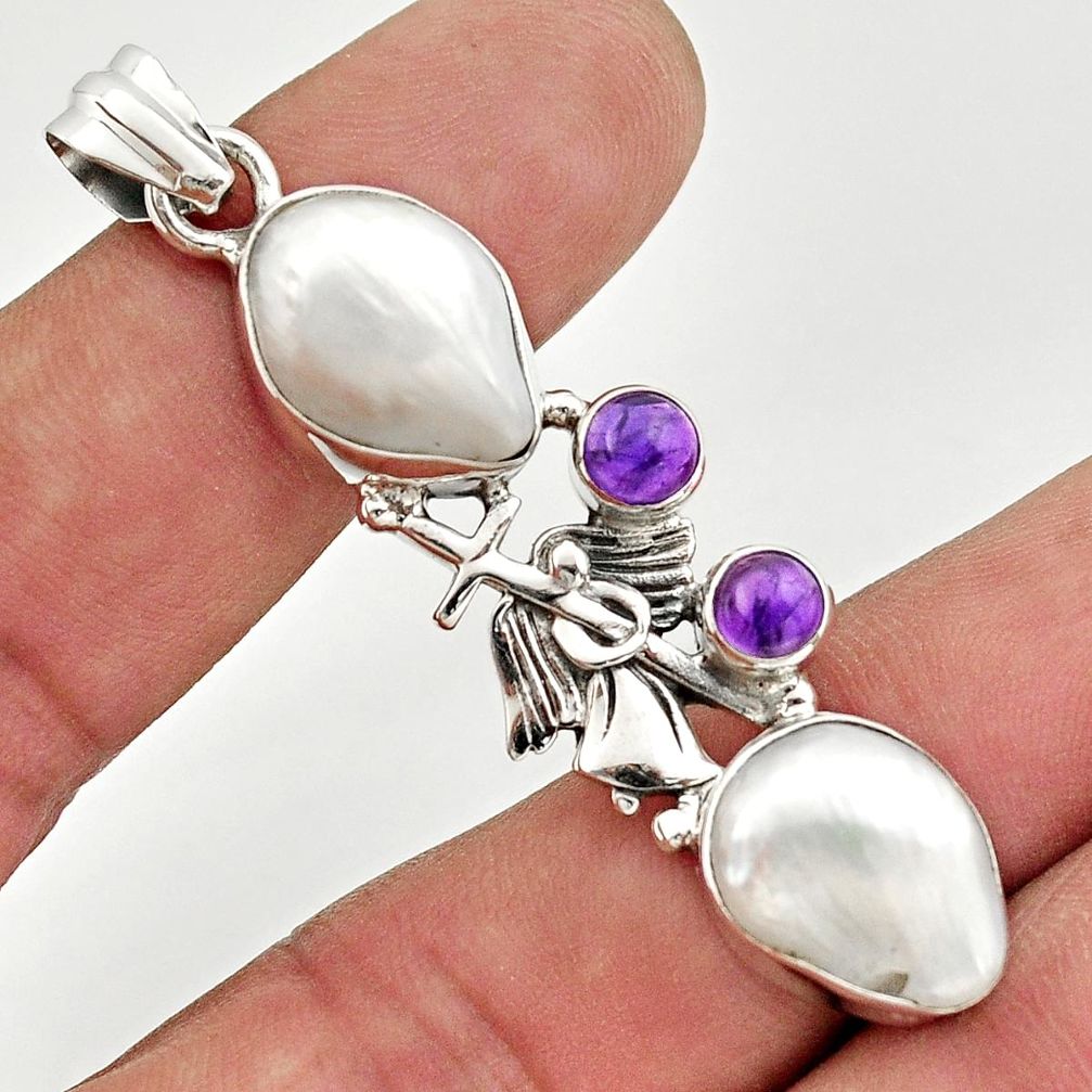 925 silver 18.22cts natural white biwa pearl amethyst holy cross pendant d47320