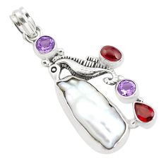 Clearance Sale- 925 silver 17.67cts natural white biwa pearl amethyst seahorse pendant p38904
