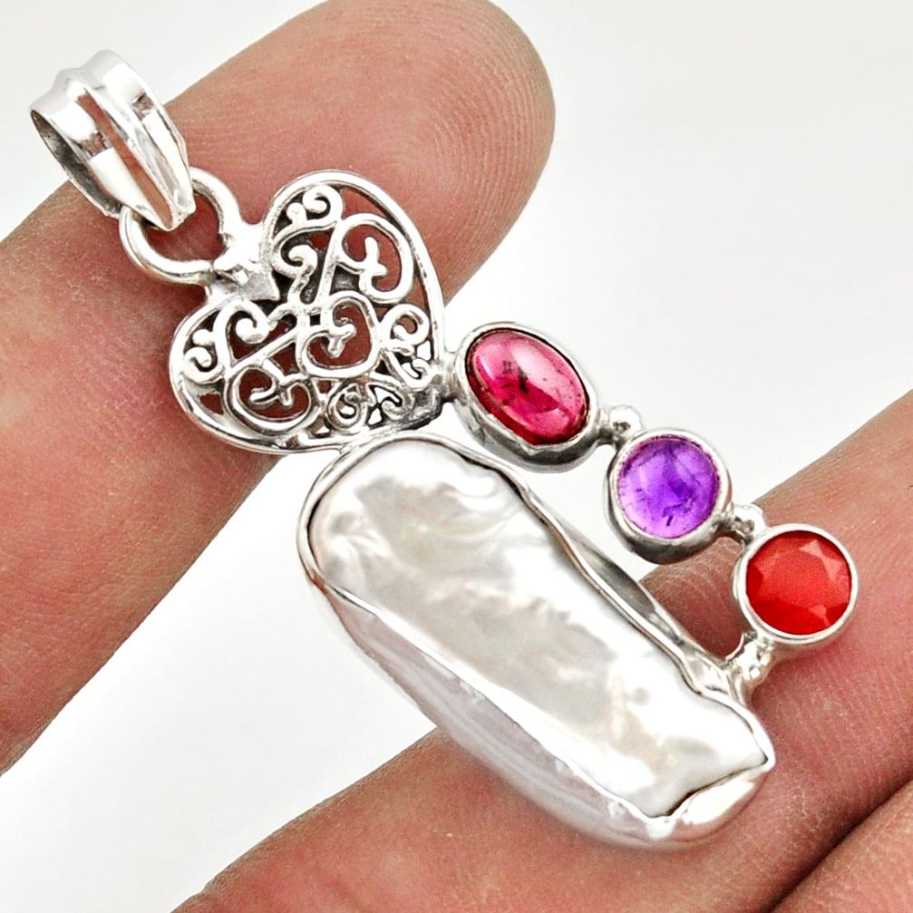 925 silver 14.39cts natural white biwa pearl cornelian heart pendant d47339