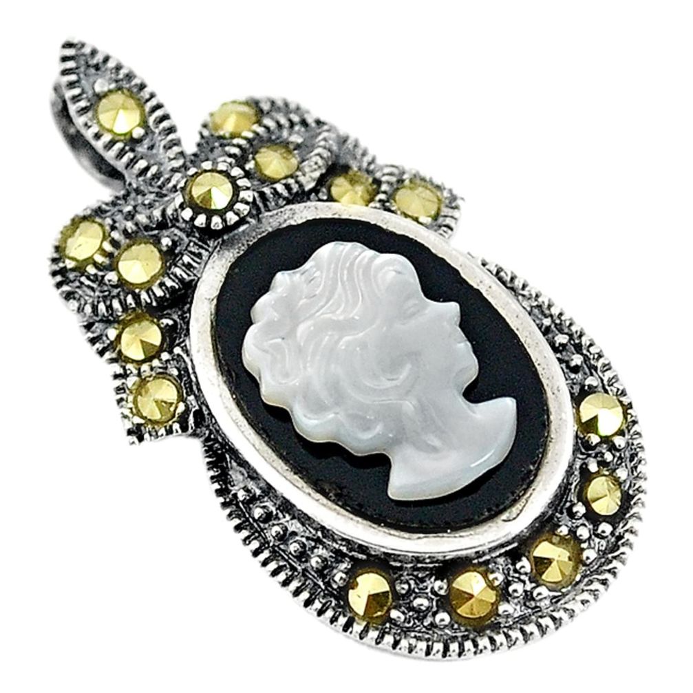 925 silver natural white blister pearl carved lady face marcasite pendant c22210