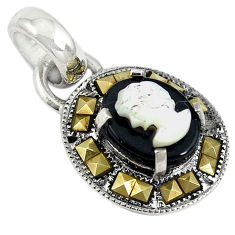 925 silver natural white blister pearl carved lady face marcasite pendant c22218