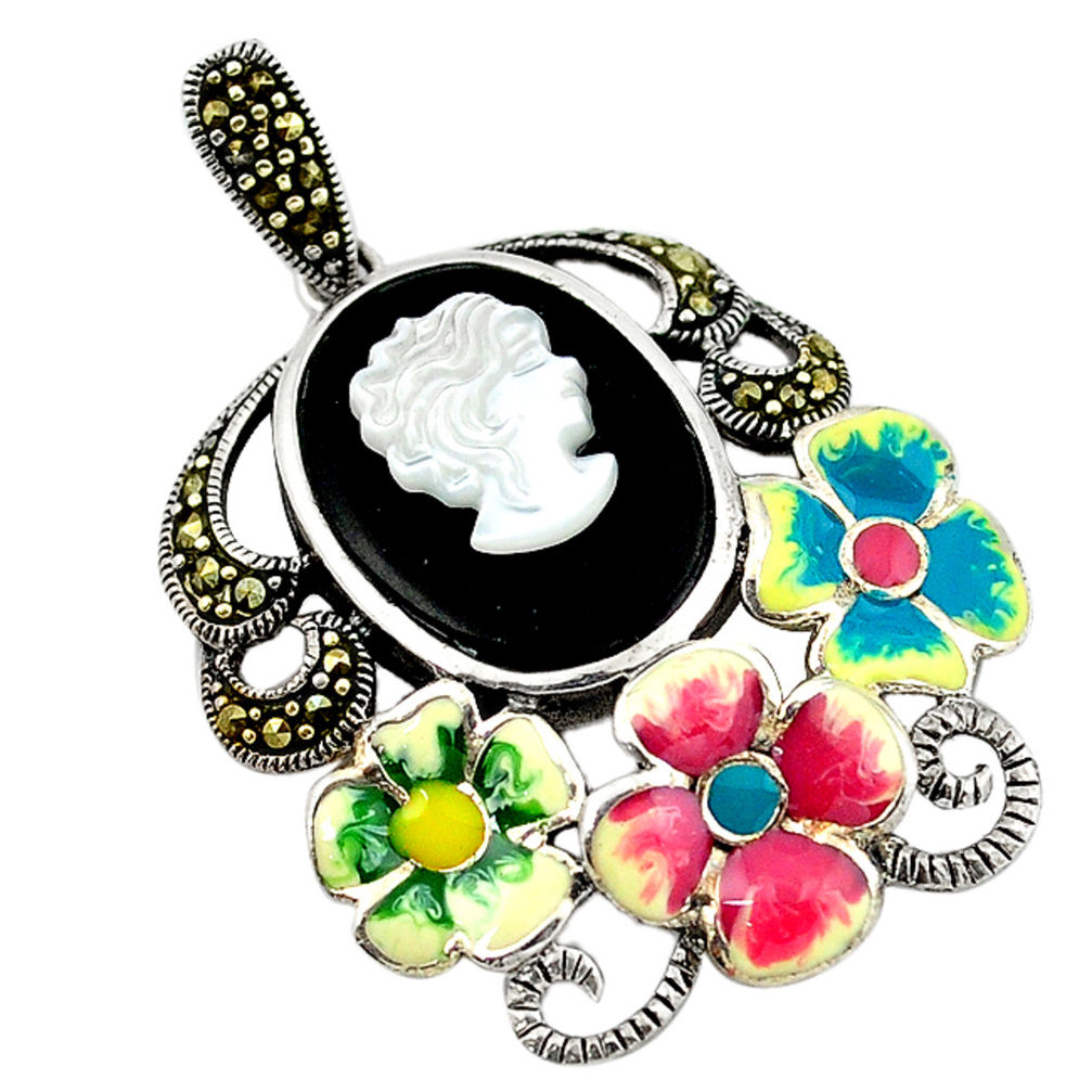 925 silver natural white blister pearl marcasite enamel pendant c16662